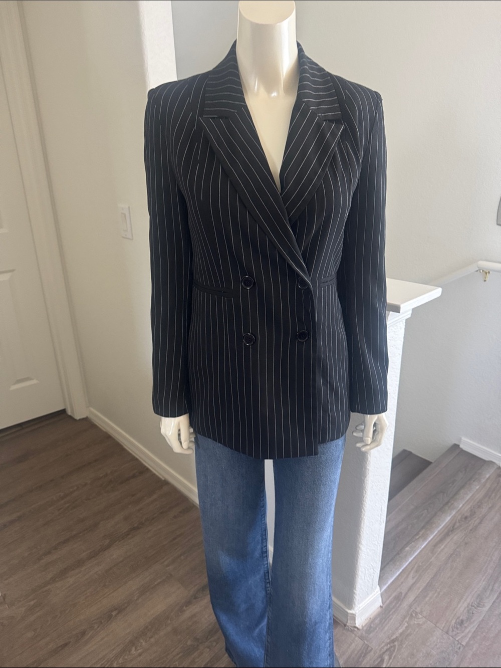 Romeo & Juliet Couture Black Pinstripe Blazer with White Stripes